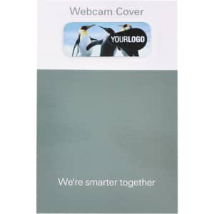 A grey webcam cover with a design featuring penguins and a logo at the top.