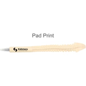 A pen designed to resemble a spine, featuring a cream colour and a logo on the side.