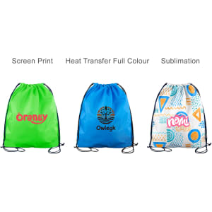 Three drawstring bags in bright green, blue, and a patterned design, each featuring a logo or branding.