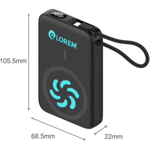 A black magnetic wireless power bank with a blue logo, measuring 105.5mm x 68.5mm x 22mm, includes a strap.