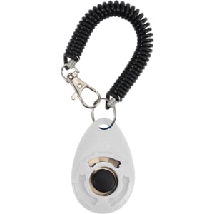 A training clicker in white with a black coiled lanyard and a metal clasp for attachment.