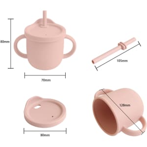 A drink bottle in soft pink, featuring two handles, a removable lid, and a straw, with an attached logo.