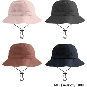 Foldable bucket hats in pink, black, brown, and navy, featuring an adjustable drawstring and a logo.