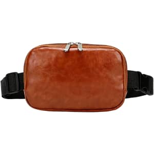 A brown polyurethane fanny pack with a zippered closure and an adjustable black strap.