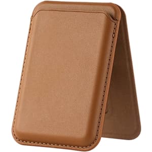 A tan PU foldable magnetic card holder with a phone stand feature, showcasing a sleek and minimal design.
