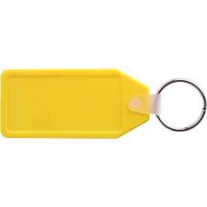 A yellow hexagon hard plastic keyring with a silver keyring attachment.