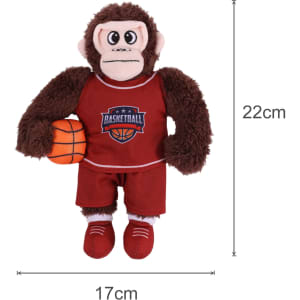A plush toy of a monkey in a red basketball uniform, holding a basketball. It measures 22cm tall.