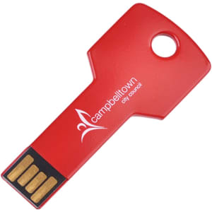 A red square key flash drive featuring a key design and a branding logo.