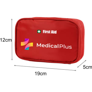 A red first aid kit bag with a logo, measuring 19cm x 12cm x 5cm.