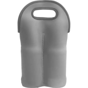 A drink bottle carrier in grey neoprene, designed to hold two beer bottles, featuring a handle for easy carrying.