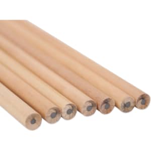 A set of grey-lead pencils with wooden barrels, displaying the graphite tips at one end. Each pencil is similar in colour.
