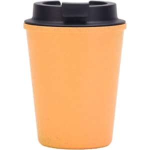 A drink bottle featuring a double wall design, made from wheat straw, in orange with a black lid. It has a logo.