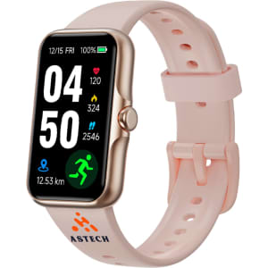 A square smart band in pink with a touchscreen display, featuring various fitness metrics. It has a logo on the strap.