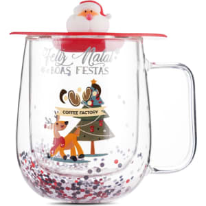 A Christmas-themed double wall mug with a clear body, red lid, and festive decorations featuring a reindeer and tree.