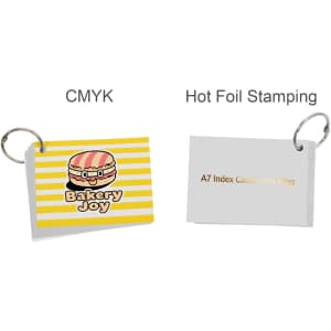 A7 index cards with a ring, featuring a colourful design with a hamburger and stripes on one side, and a plain back.