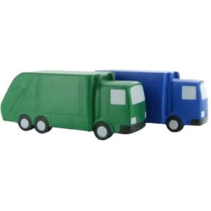 Two stress relievers shaped like trucks, one green garbage truck and a blue truck, both with wheels and details.