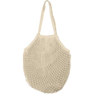 A beige mesh grocery bag with a netted design and two shoulder straps. It features an inner compartment.
