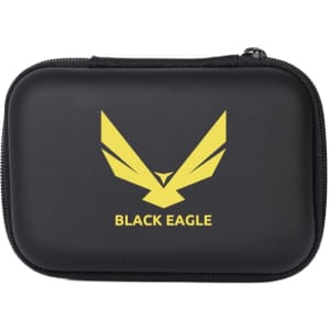 A medium zippered case in black, featuring a yellow logo on the front.