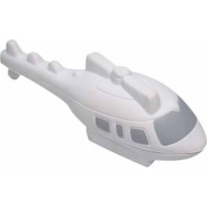 A white helicopter-shaped stress reliever with grey details and a small branding logo.
