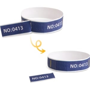 Blue disposable Tyvek wristband featuring a tab for easy adjustment and a logo.