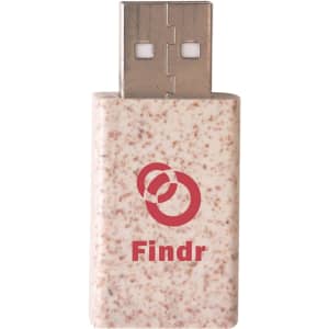 A wheat straw USB data blocker in a light beige colour with a logo.