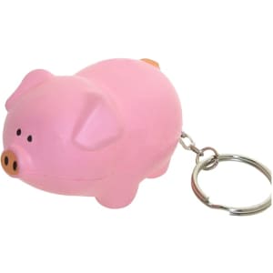 A pink pig-shaped stress reliever attached to a keyring, with a keychain loop for easy attachment.
