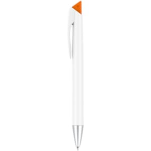 A white pen with an orange triangular accent and silver clip, featuring a logo on the barrel.