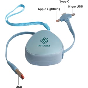 A light blue 3-in-1 retractable charging cable with USB, Type C, and Apple Lightning connectors, featuring a logo.