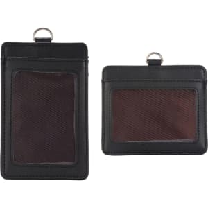 A black PU leather card holder with two compartments, featuring clear windows for display and a metal ring attachment.