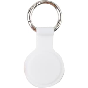 A white protective case for an Air Tag, featuring a metal keyring for attachment.