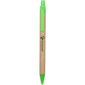 A Kraft paper pen with a green tip and clip, featuring a logo. The pen has a natural brown finish.
