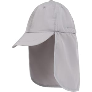 A grey baseball cap with a neck flap, featuring a protective design and a logo on the side.