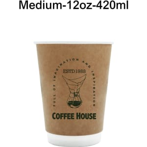 A double wall kraft paper cup in brown with green branding, designed for hot or cold beverages.