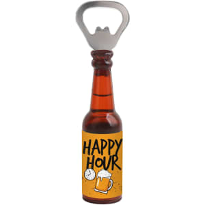A drink bottle shaped opener in amber with a silver bottle cap and a logo featuring "Happy Hour".