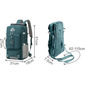 A teal convertible backpack to duffel bag with multiple compartments and adjustable straps displayed from two angles.