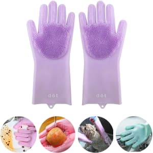 A pair of lavender silicone gloves with textured palms for cleaning, featuring a logo on the wrist area.