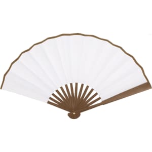 A bamboo fabric hand fan with a brown frame and white fabric panels, featuring a logo on the handle.