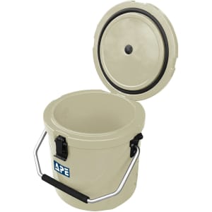 A 12L ice bucket in beige, featuring a handle, lid, and a logo on the side.