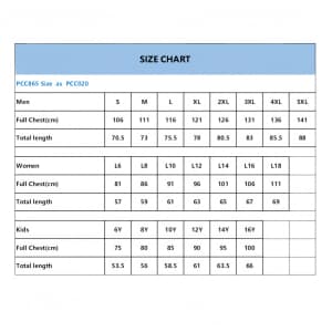 A size chart displaying measurements for men's, women's, and kids' T-shirt sizes, including chest and total lengths.