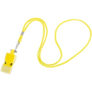 A yellow plastic whistle with a matching yellow lanyard. The whistle has a small logo on it.