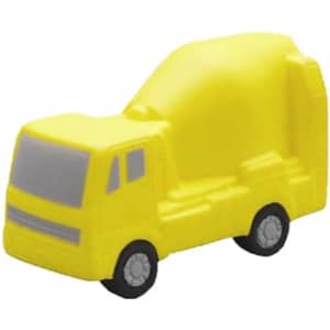 A yellow cement mixer truck stress reliever with grey detail, featuring wheels and a playful car shape.