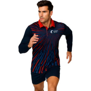A man runs in a navy and red long-sleeve polo with a logo, designed for sports uniforms.