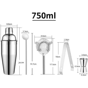 A stainless steel cocktail tools set featuring a shaker, stirrer, strainer, tongs, and jigger in a sleek design.