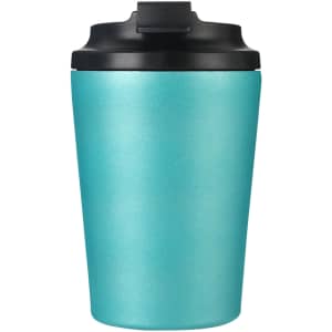 A drink bottle featuring a turquoise spray-painted stainless steel exterior and a black lid, with branding visible.