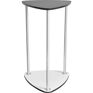 A triangular popup booth with a black top and white base, featuring silver legs. Suitable for exhibitions and events.