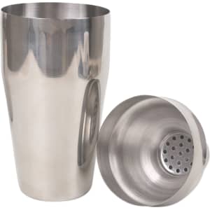 A drink bottle and a shaker, both made of stainless steel, polished finish, part of a cocktail tools set.