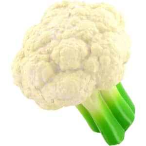 A white cauliflower-shaped stress reliever with green stalks, featuring a smooth texture and a vibrant design.
