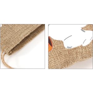 A beige linen drawstring gift bag featuring a natural texture and a decorative logo.