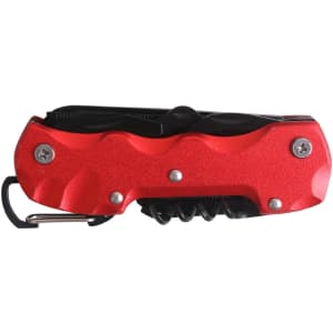 A red multifunction pocket knife featuring multiple tools and a carabiner clip for easy attachment.