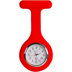 A red silicone nurse watch featuring a round clock face with numbers and a logo.